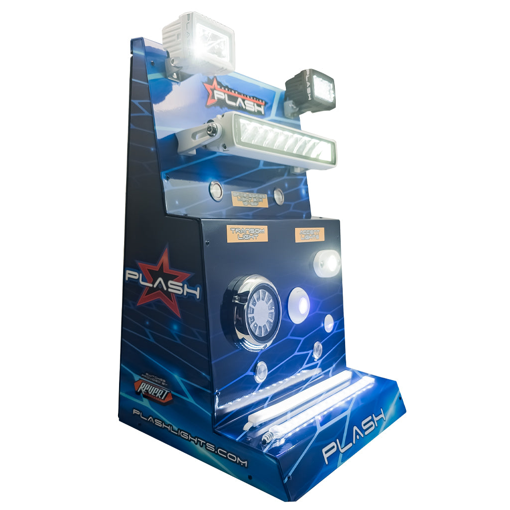 A blue Plash Marine Lighting Display with a futuristic digital design, featuring the brand name 'PLASH' on a white background. With several Plash products installed on the display.