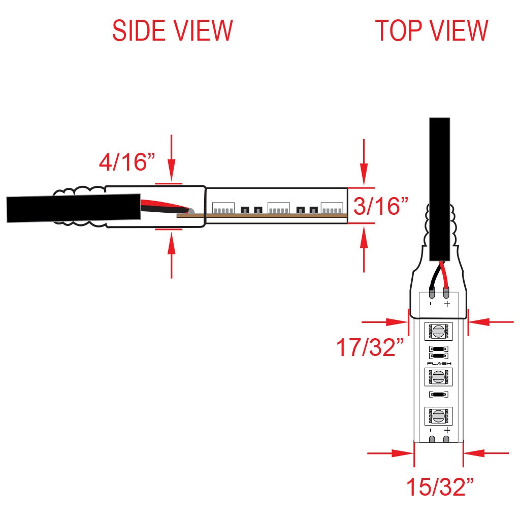 Technical diagram showing side and top views of PLASH waterproof LED flexible light strips with measurements on white background.
