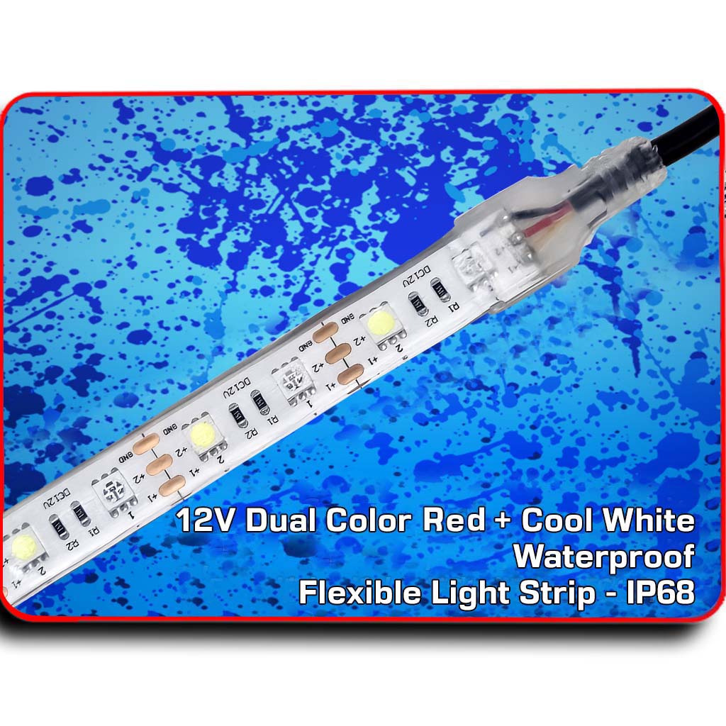 A 12V flexible LED light strip with dual-color red and cool white LEDs, shown diagonally over a blue paint splatter background with text overlays describing its waterproof and IP68 features.