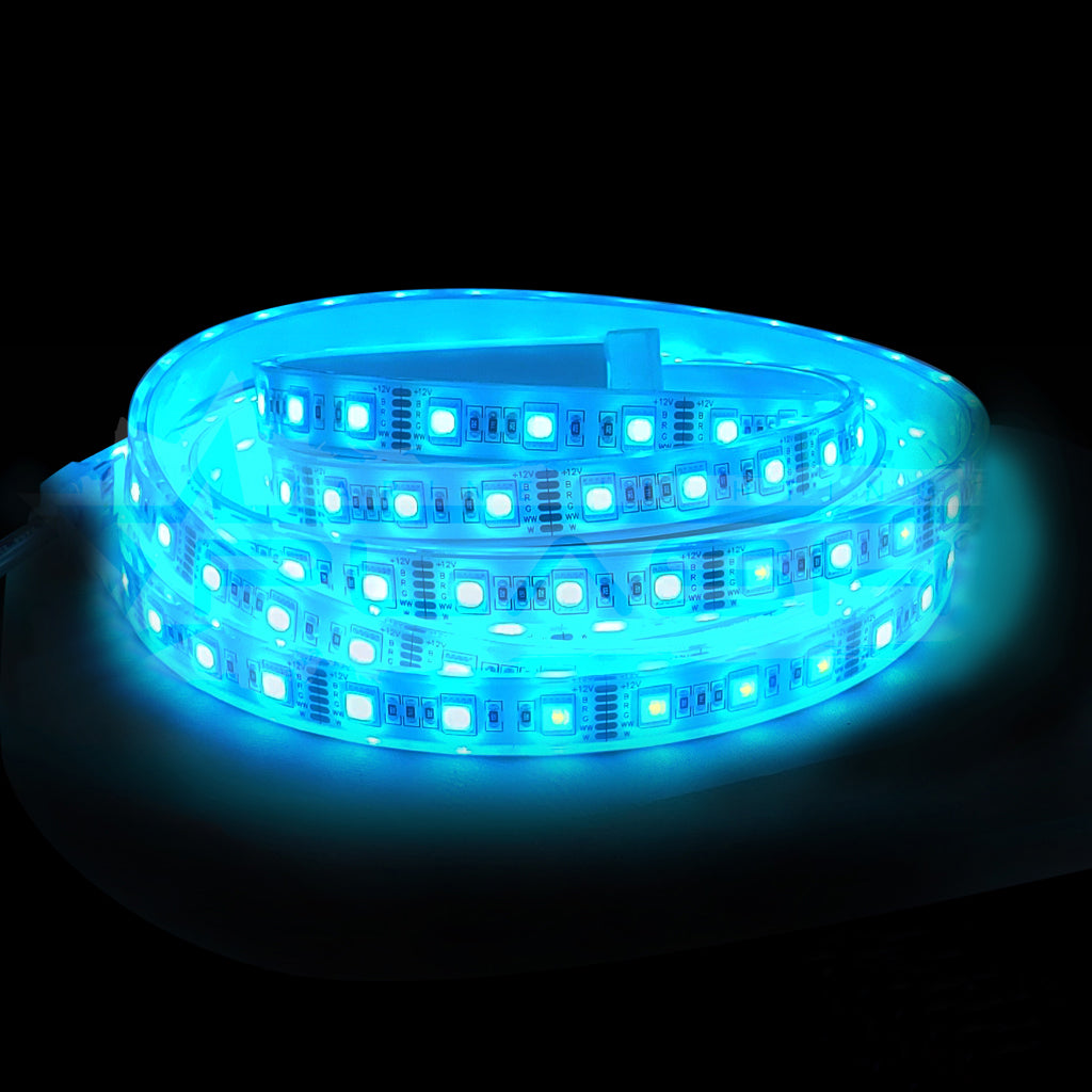 Blue RGB CCT LED flexible strip light on a black background