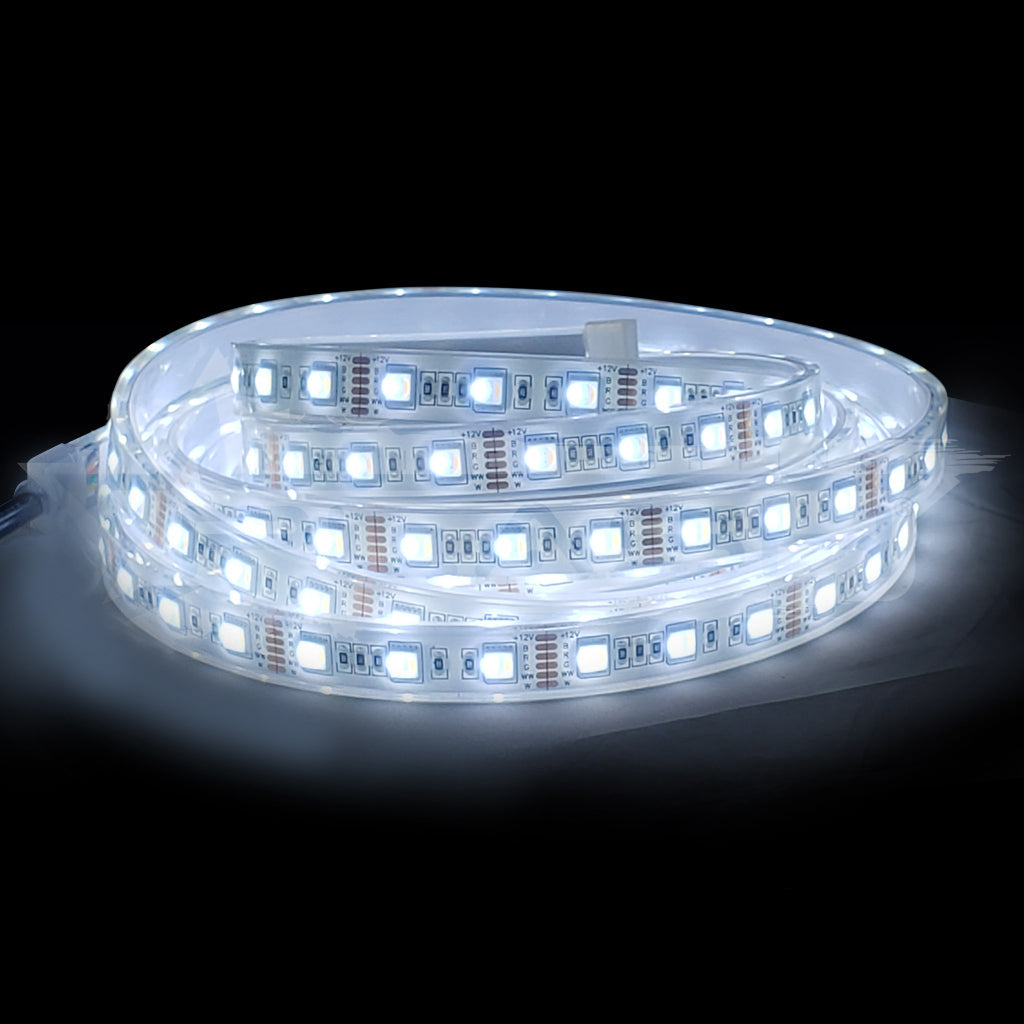 White RGB CCT LED flexible strip light on a black background