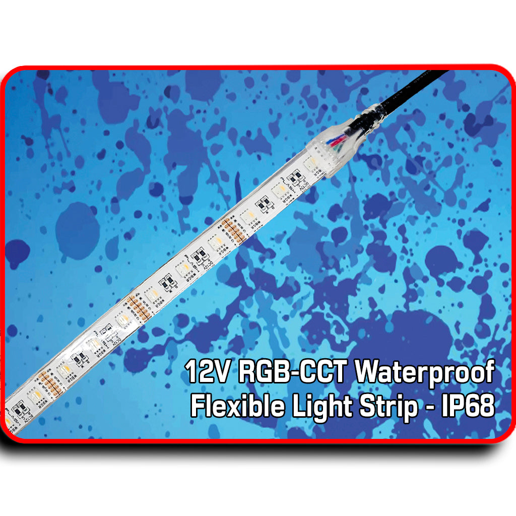 12V RGB-CCT waterproof flexible light strip on a blue splatter background