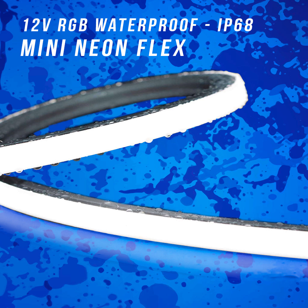 12V RGB waterproof mini neon flex on a blue textured background
