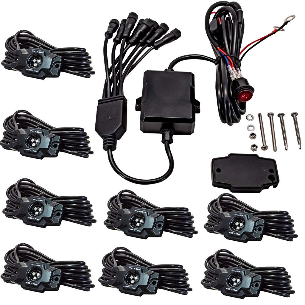 Plash LED Rock Light Kit cables, a central black controller, a red power switch, mounting hardware, and a black bracket