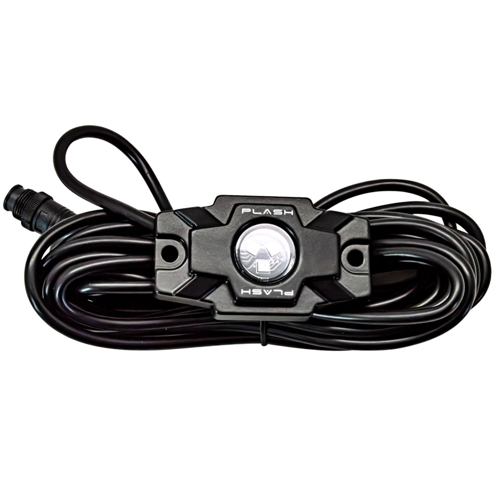 Plash RGBW LED Rock Light with black aluminum housing with power cable on white background.