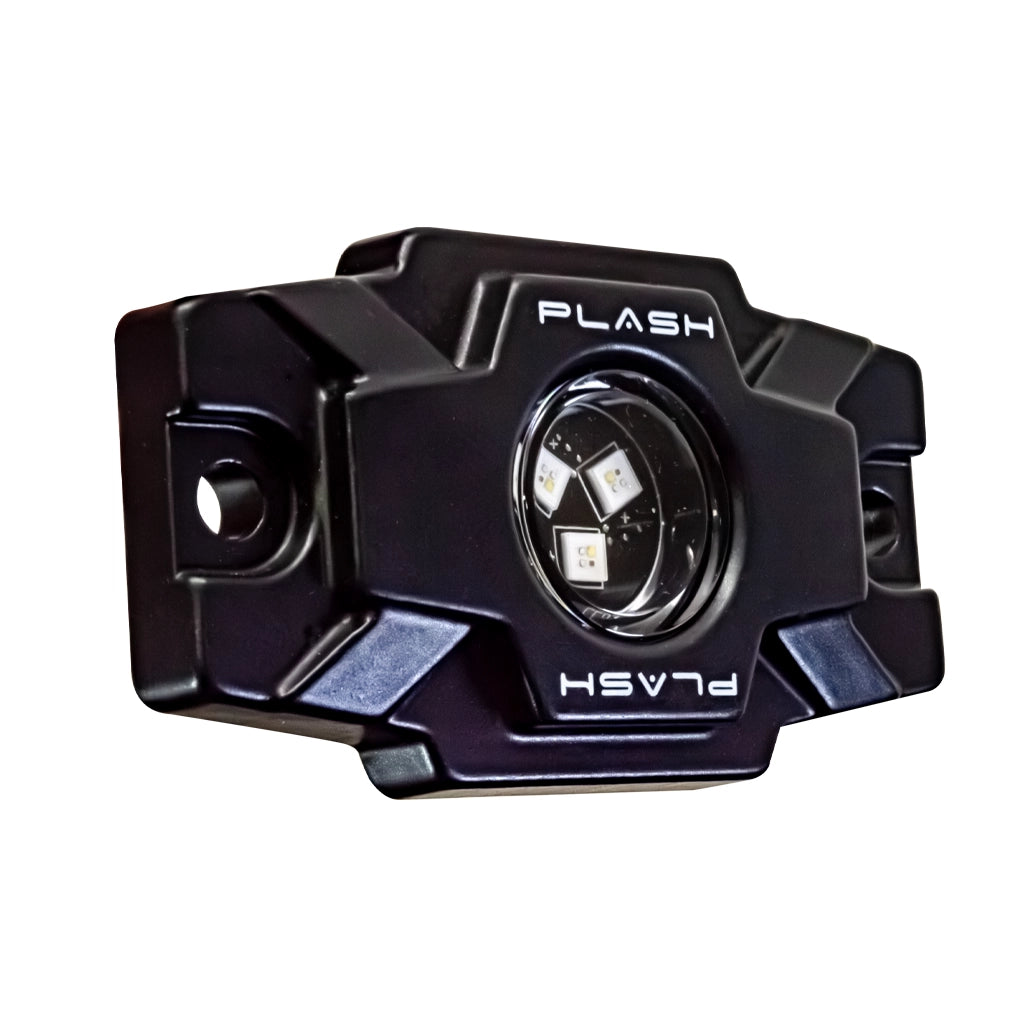 Plash RGBW LED Rock Light with black aluminum housing on white background.