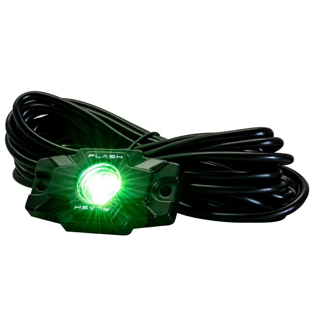 A black Plash Branded LED Rock light with a coiled black cable, shown with its green LED lights illuminated, on a solid white background.