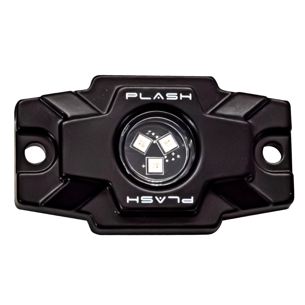 Plash RGBW LED Rock Light with black aluminum housing on white background.