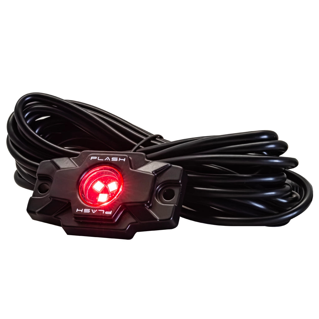 A black Plash Branded LED Rock light with a coiled black cable, shown with its red LED lights illuminated, on a solid white background.