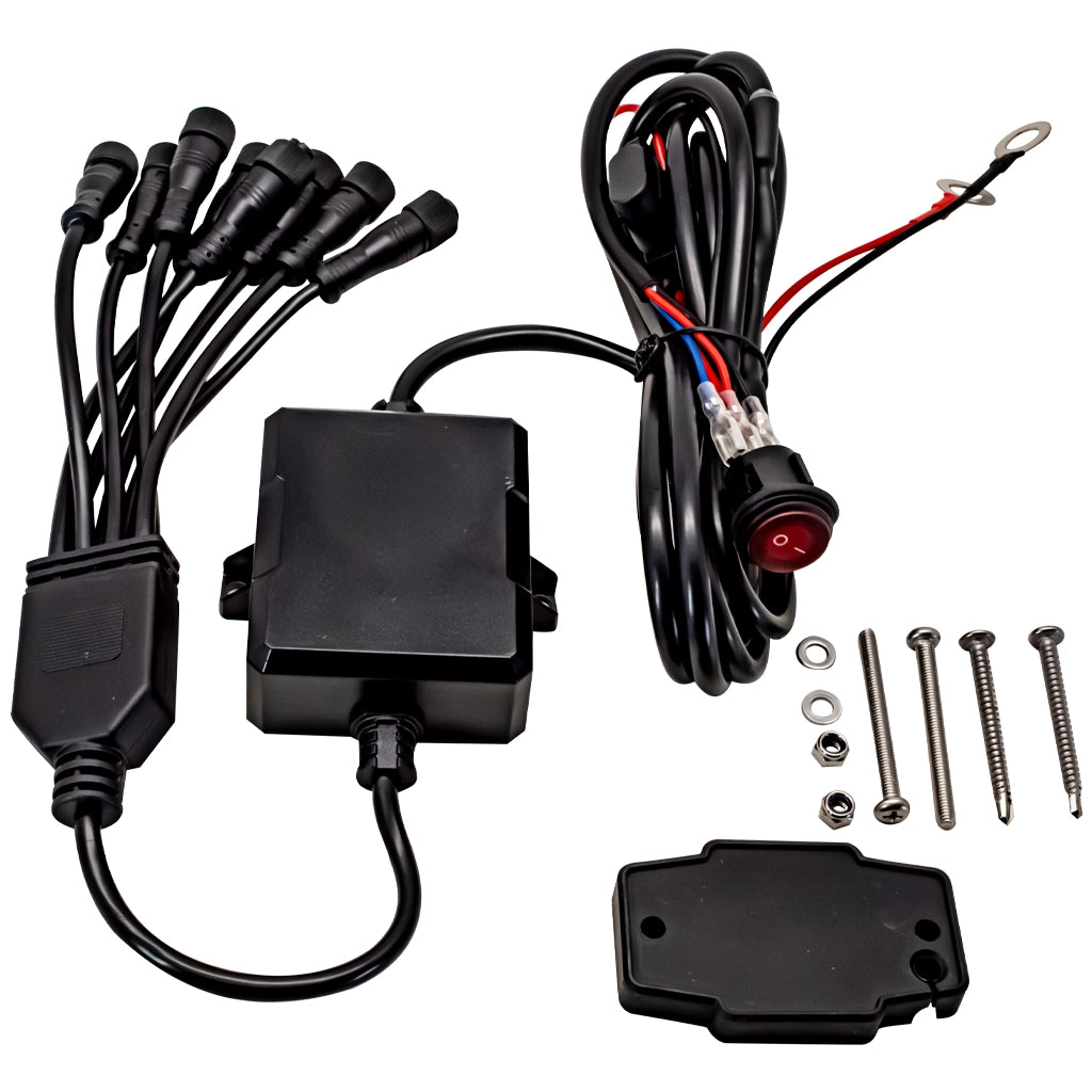 Black RGBW rock light control box kit with multiple black wire connectors, a red rocker switch, mounting hardware, and a black mounting plate on a white background.