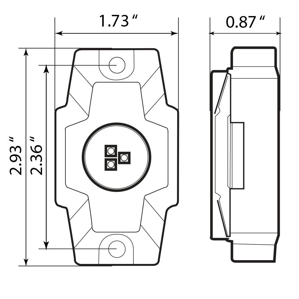 Technical dimension drawing of a RGBW Rock Light shown from top and side views, with measurements labeled on white back ground