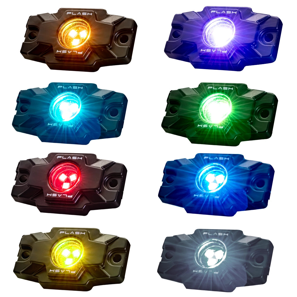 Eight  rugged rectangular LED rock light labeled 'PLASH' , shown in different color modes including amber, white, purple, cyan, green, red, blue, yellow, and dark gray on a white background.