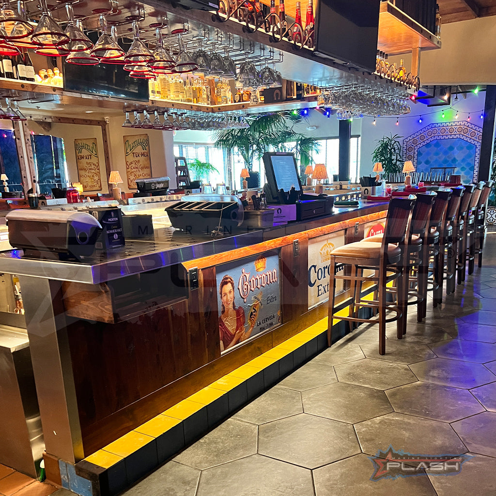 Custom LED under bar lighting installed at Red River Cantina in League City Tx by Plash