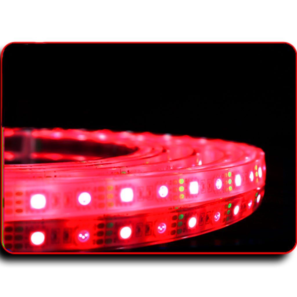 A coiled red waterproof LED flexible light strip glowing brightly Plash branded for Marine application