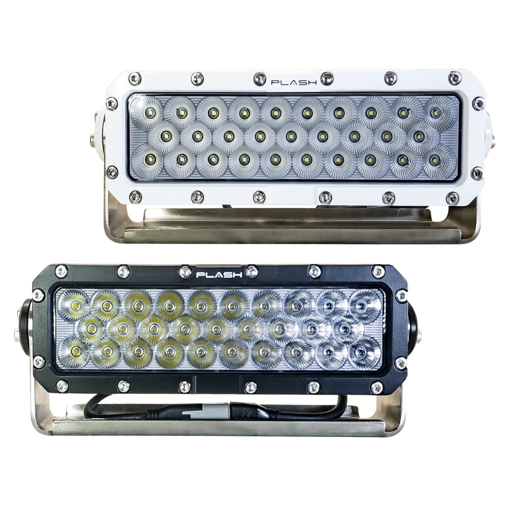 Plash Surge Series LED Search lights in both black and white housings from a front view on white background. 