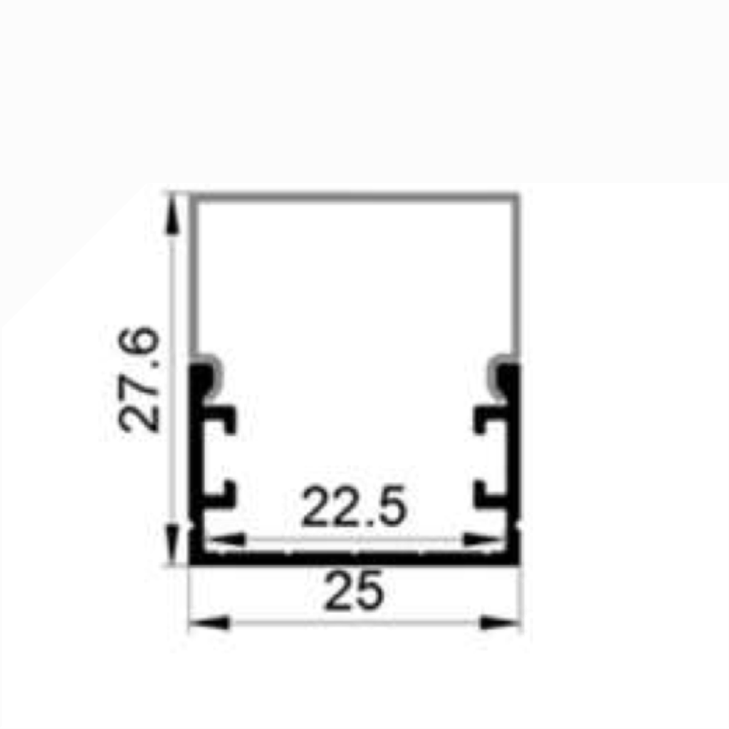 Technical drawing of a aluminum LED light housing channel with dimensions