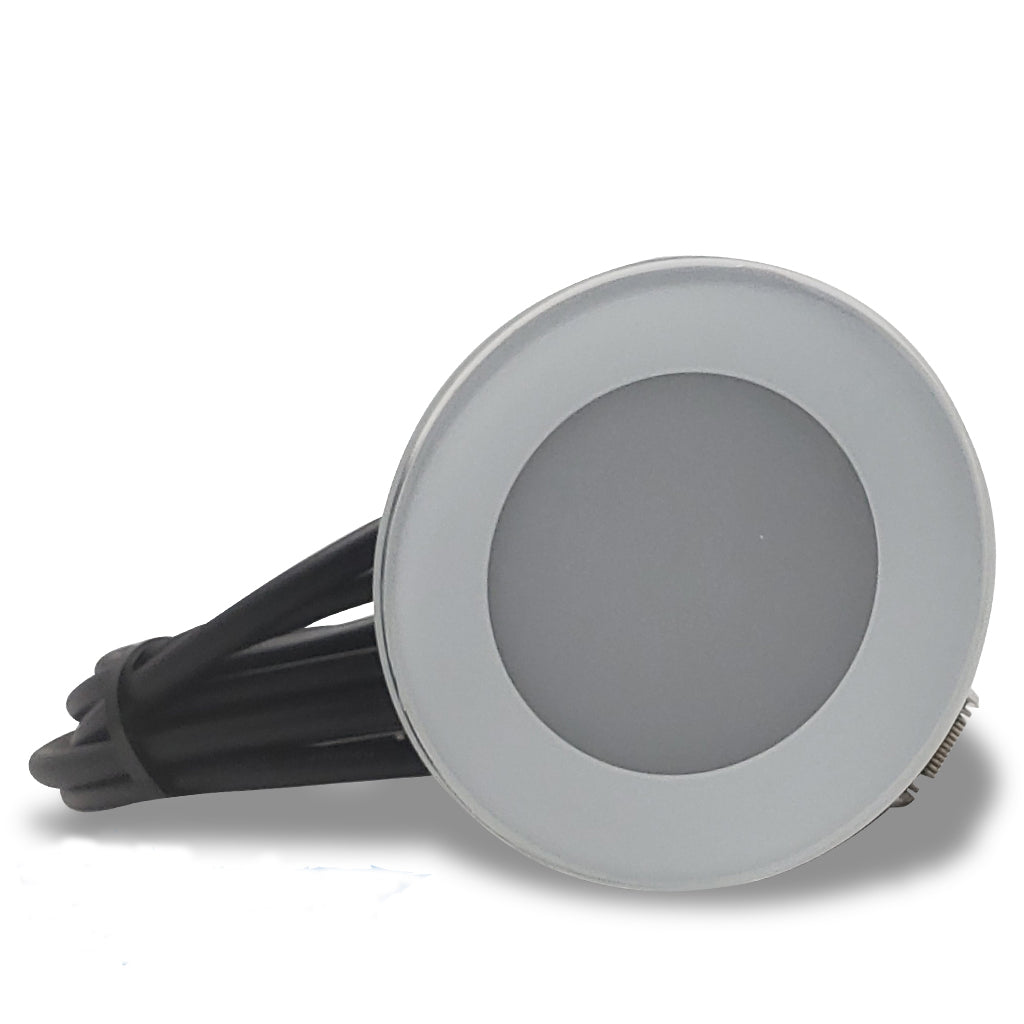 Frosted White Durable Lens Light. Surface Mounted. RGB LED Decklight. Plashlights. Front view with wires.