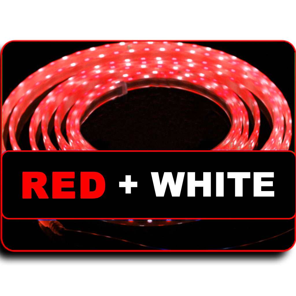 A coiled red and white waterproof LED light strip Plash branded with a large text overlay reading 'RED + WHITE'.