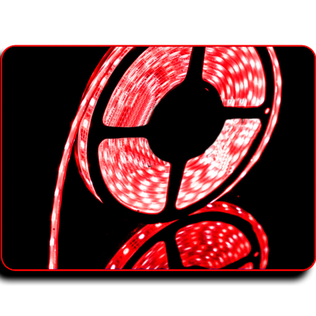 A dual color, red and cool white marine, waterproof LED flexible light strip Plash branded on a black background with a soft reflection at the bottom