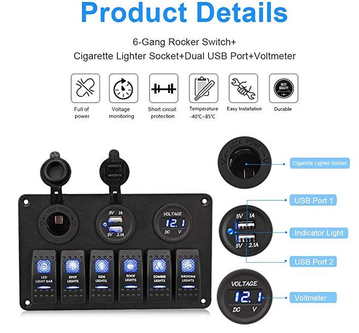 6 Switch Panel with Voltmeter & Dual USB Charger