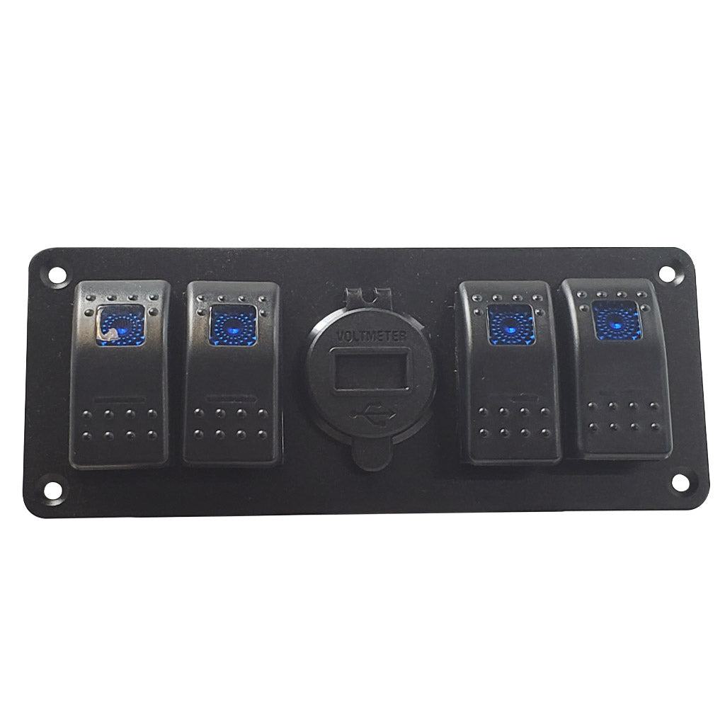 Marine grade 4 gang rocker switch with Dual USB charger centered, Blue LED, Pre-Wired, Aluminum Faceplate