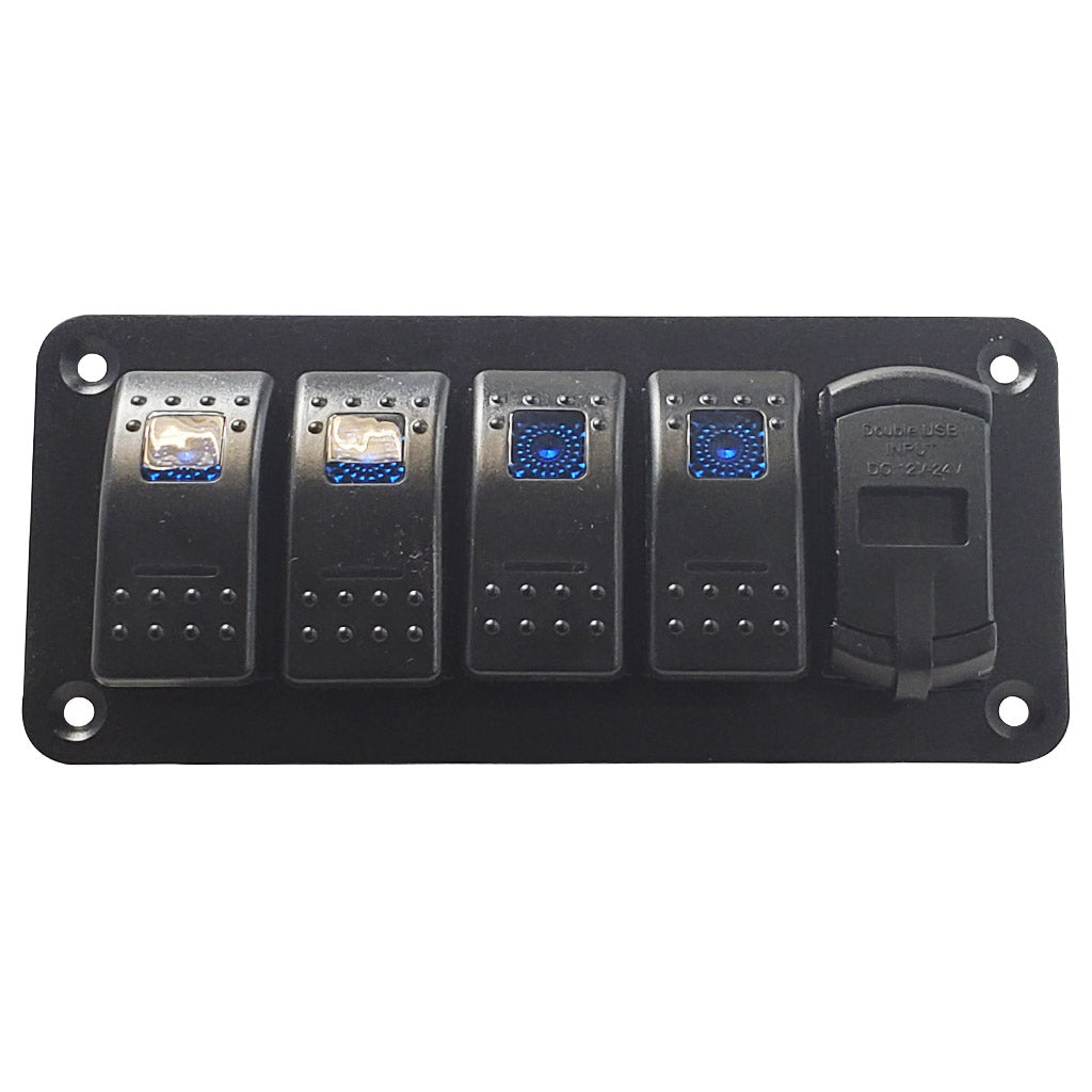 Marine grade 5 gang rocker switch with Dual USB charger at Right, Blue LED, Pre-Wired, Aluminum Faceplate