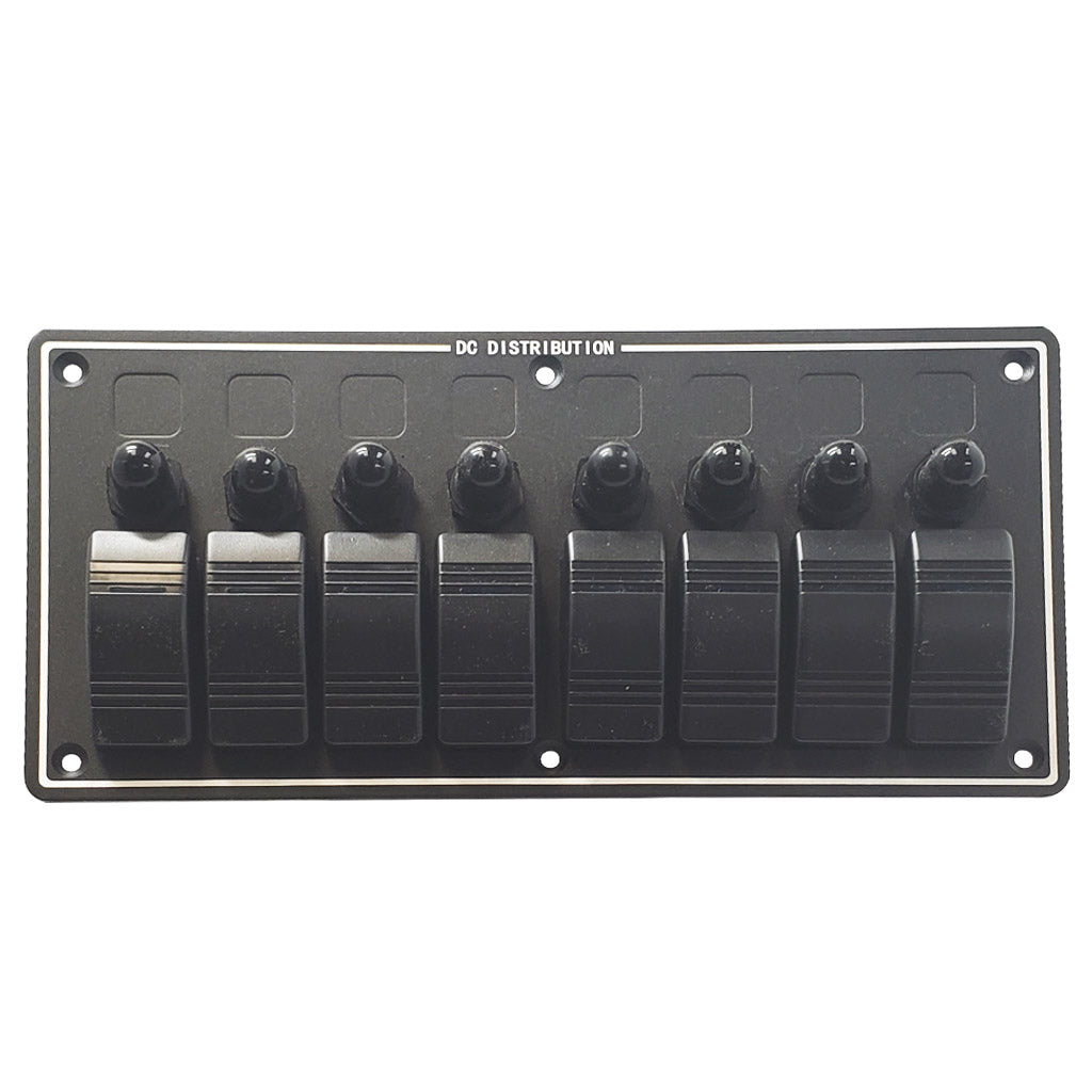 Marine Grade, 8 Gang Rocker Switches, Breakers Included, Aluminum Face, Blue LED, Pre-Wired, Waterproof
