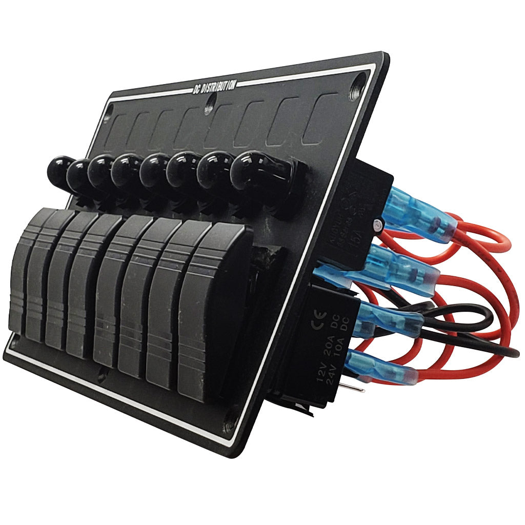 Marine Grade, 8 Gang Rocker Switches, Breakers Included, Aluminum Face, Blue LED, Pre-Wired, Waterproof, Side View