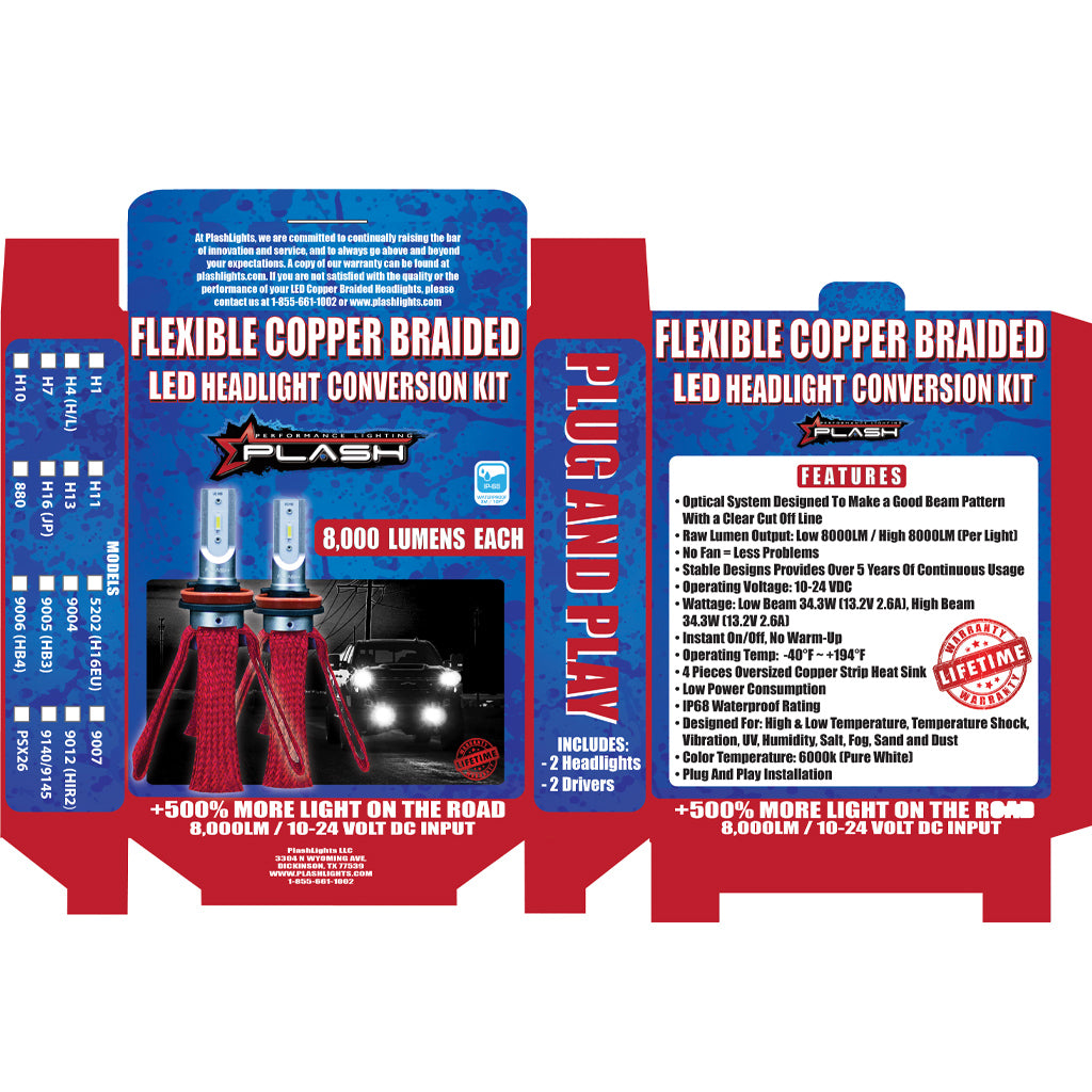 9005 (HB3) Flexible Copper Braided LED Headlight Conversion Kit Box Design