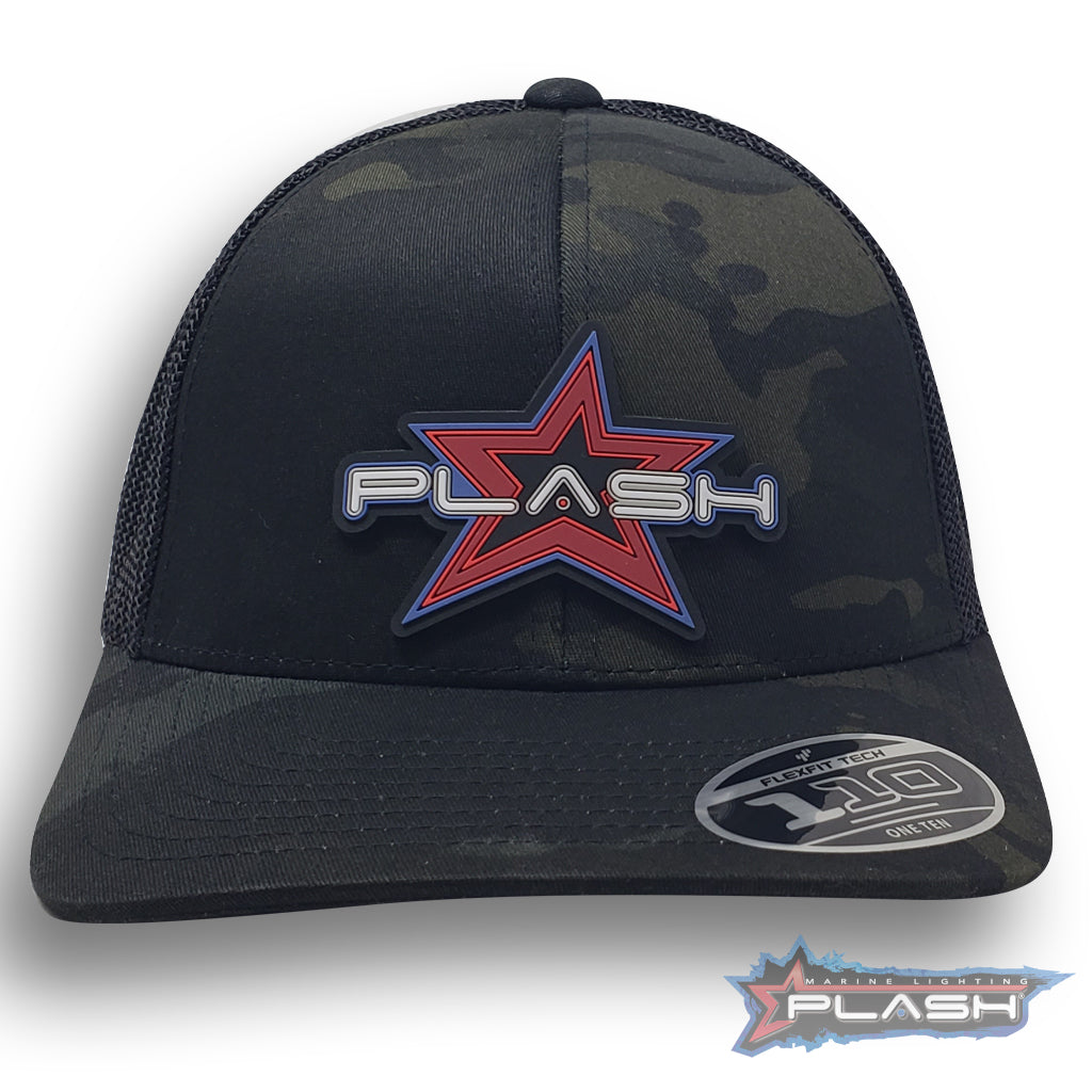 PLASH Curved bill Snap-Back Black Camo front of Hat Marine Lighting
