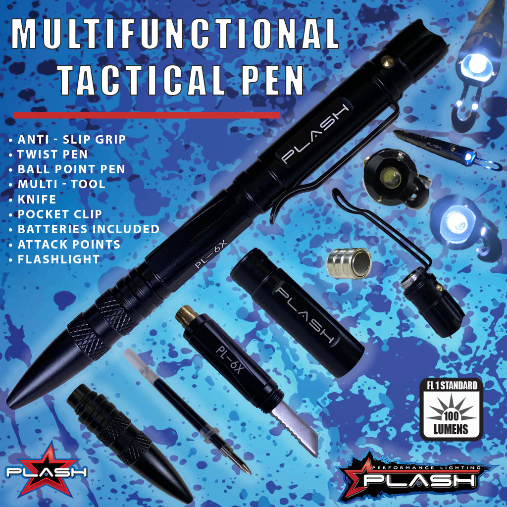 PlashLights MultiFunctional Tactical Pen Anti-Slip Grip Twist Pen Ball Point Pen Multi-Tool Knife Pocket Clip Batteries Included Attack Points Flashlight