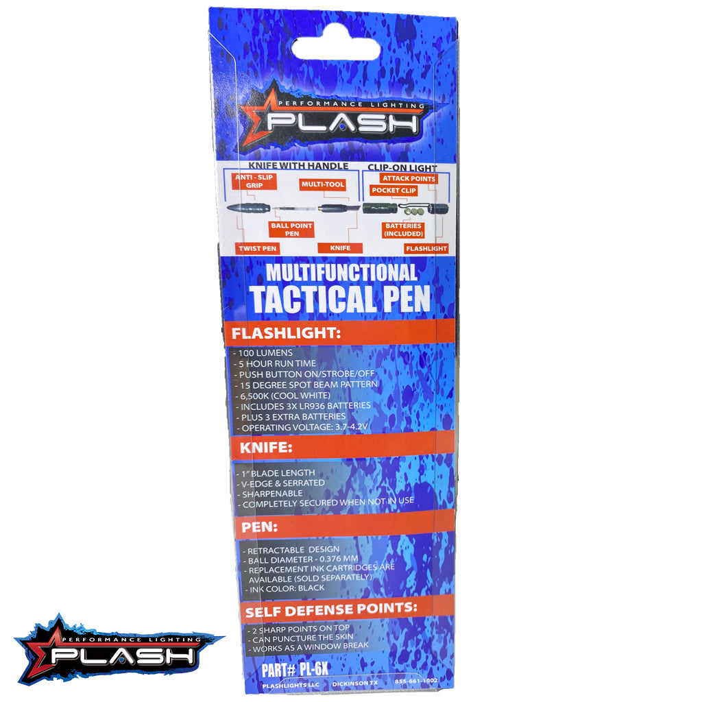 PlashLights MultiFunctional Tactical Pen Backside of Package showing Chart 