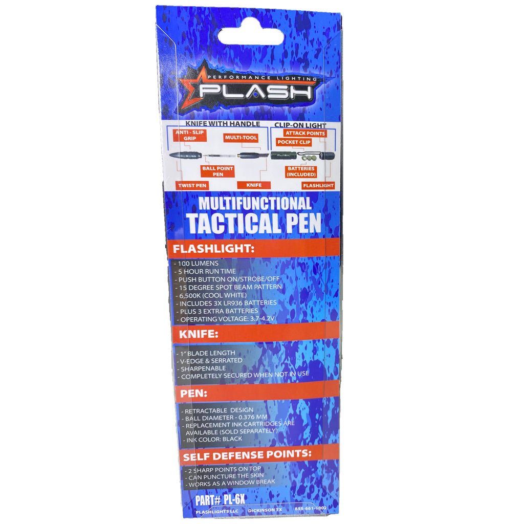 PlashLights MultiFunctional Tactical Pen Backside of Package showing Chart 